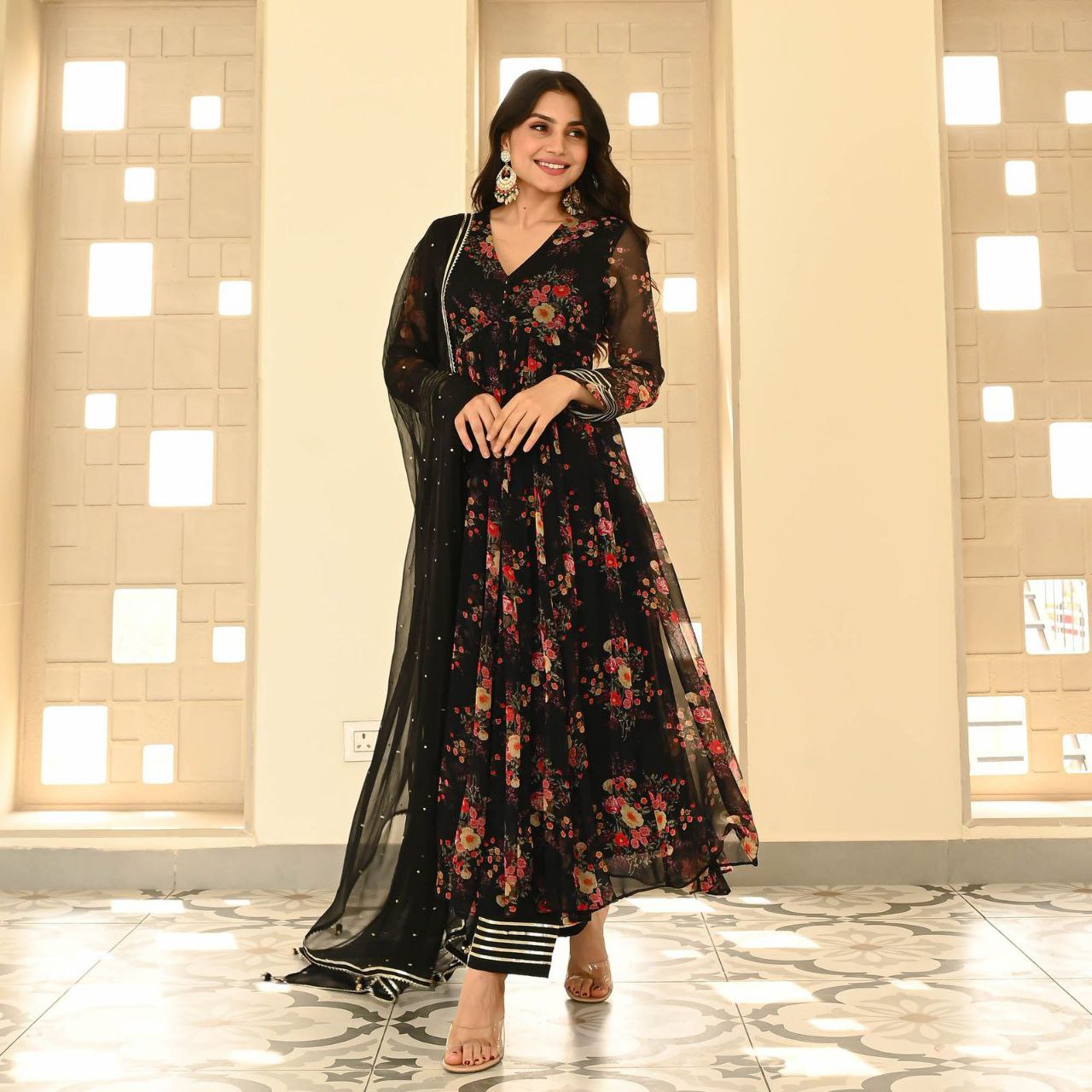 Black Color Georgette Printed Anarkali Suit For Women