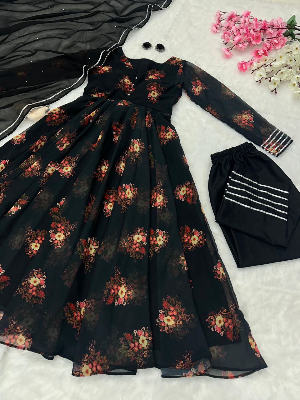 Black Color Georgette Printed Anarkali Suit For Women