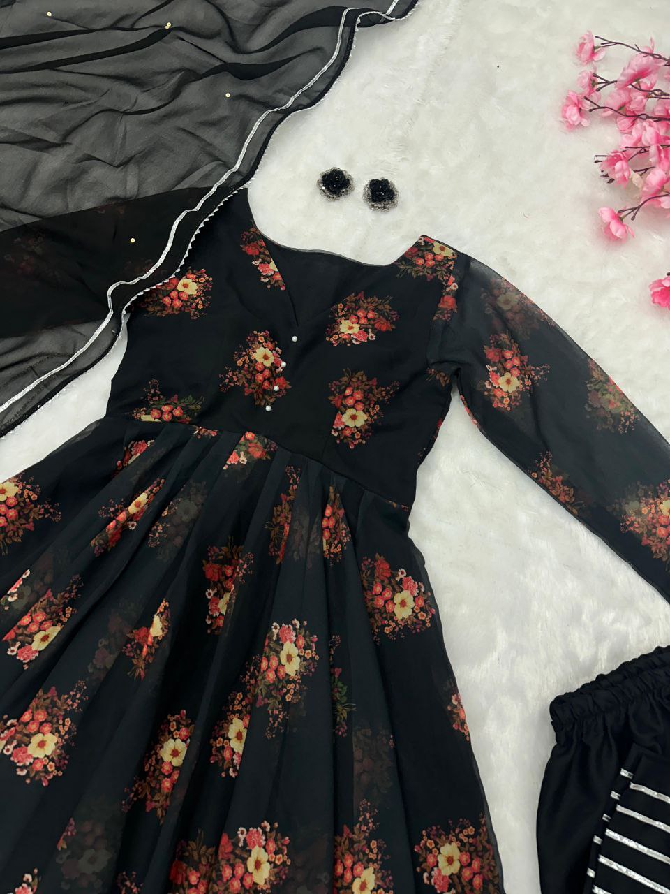 Black Color Georgette Printed Anarkali Suit For Women