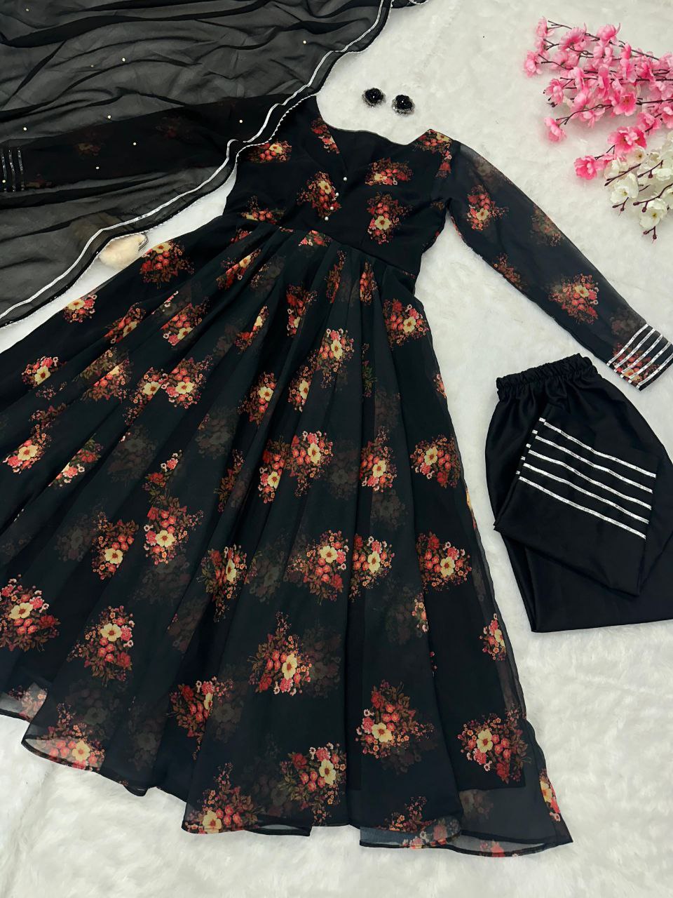 Black Color Georgette Printed Anarkali Suit For Women