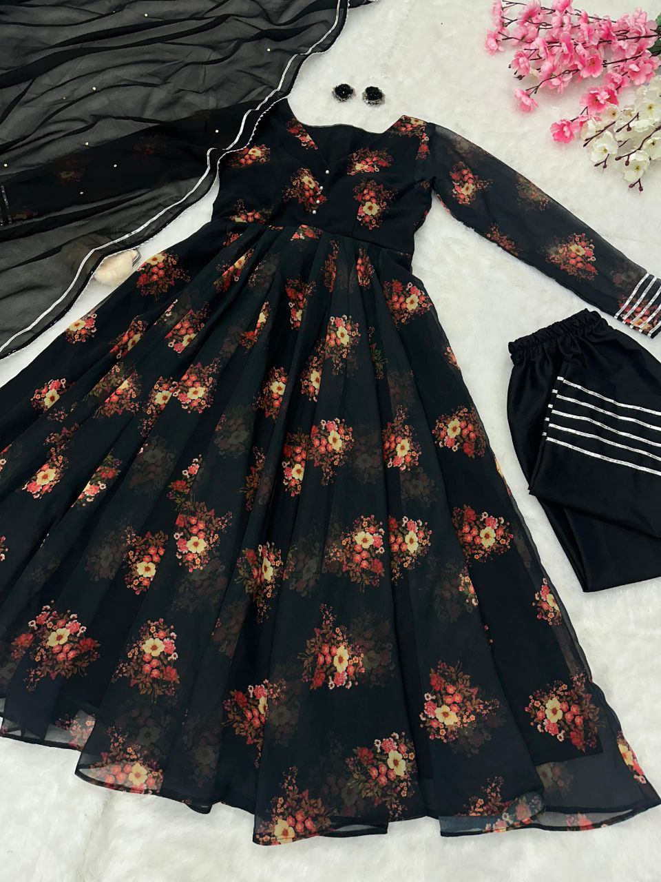 Black Color Georgette Printed Anarkali Suit For Women