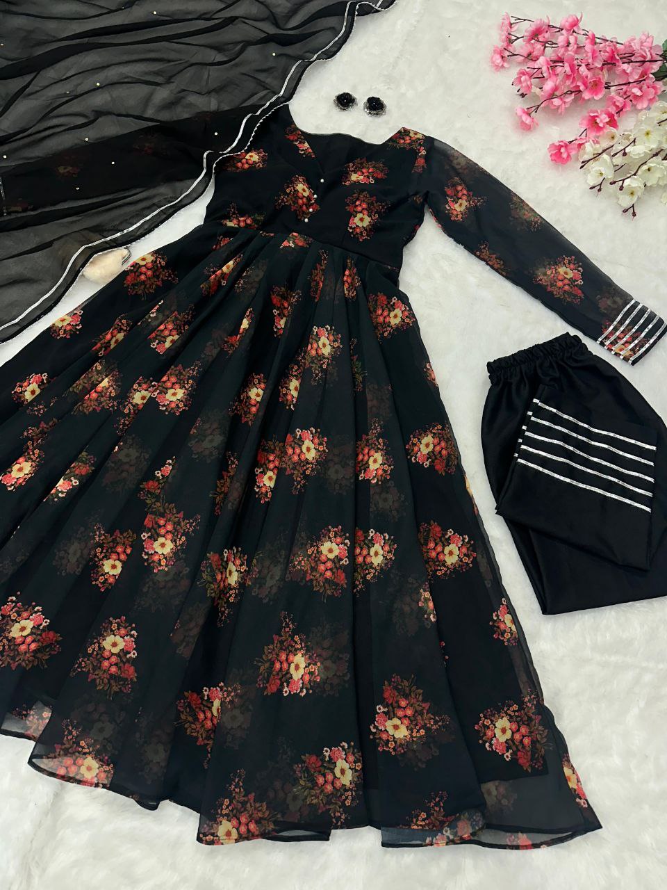 Black Color Georgette Printed Anarkali Suit For Women