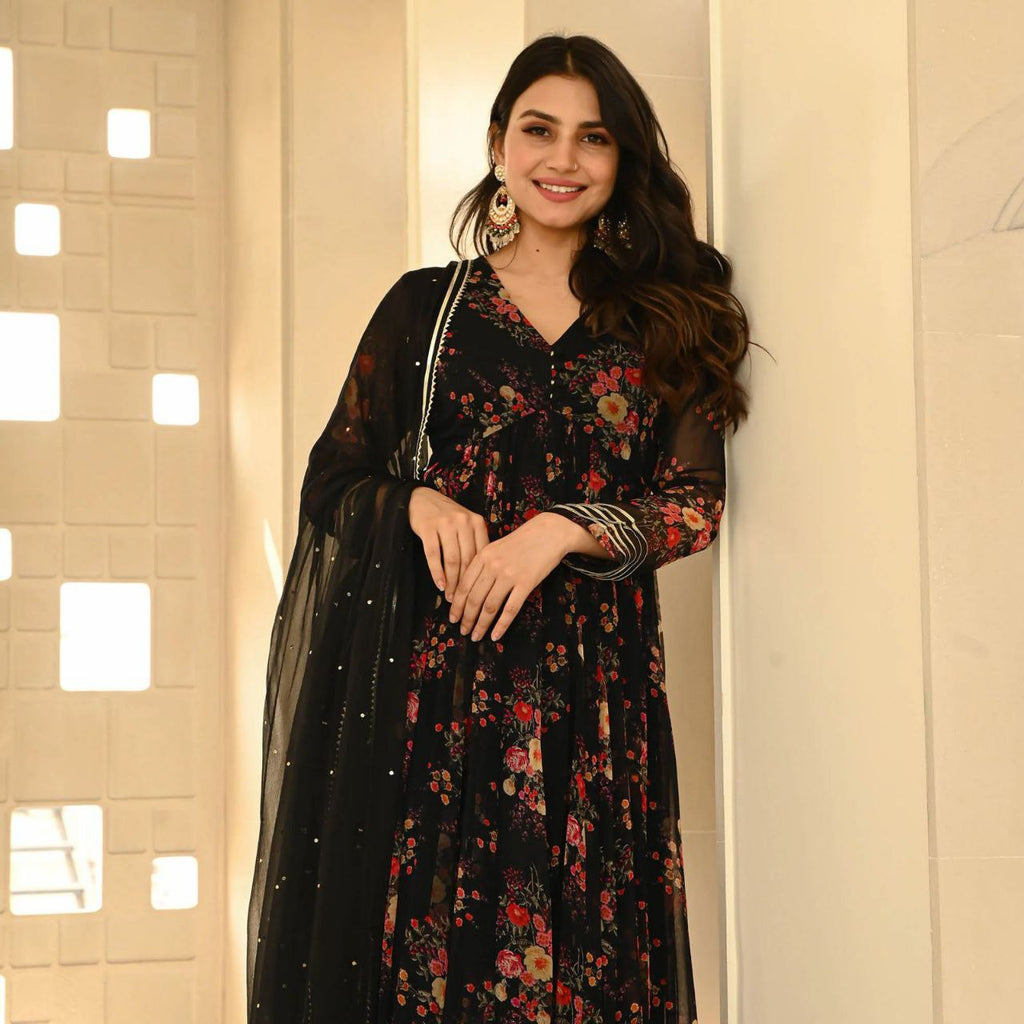 Black Color Georgette Printed Anarkali Suit For Women