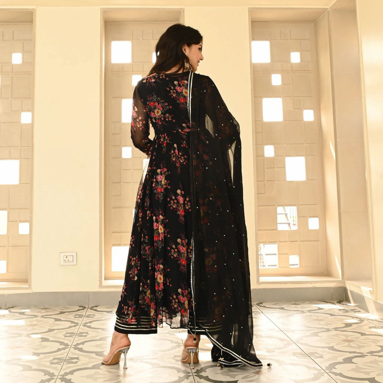 Black Color Georgette Printed Anarkali Suit For Women