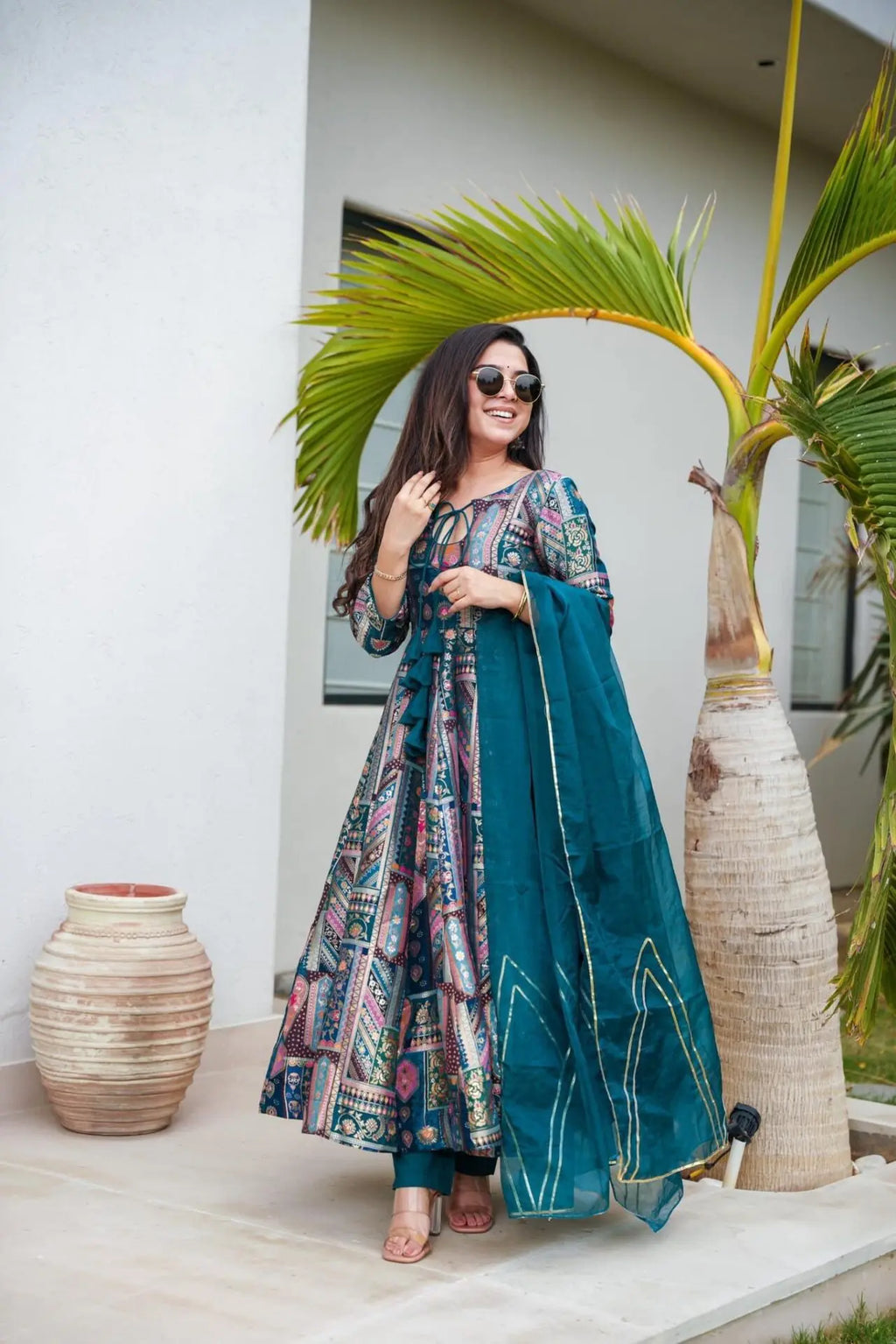 Blue Color Multi Design Anarkali Suit For Women