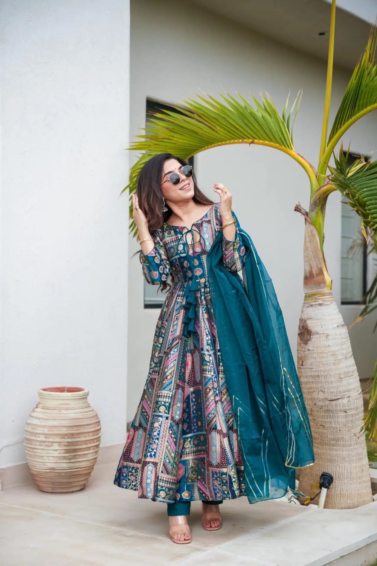 Blue Color Multi Design Anarkali Suit For Women