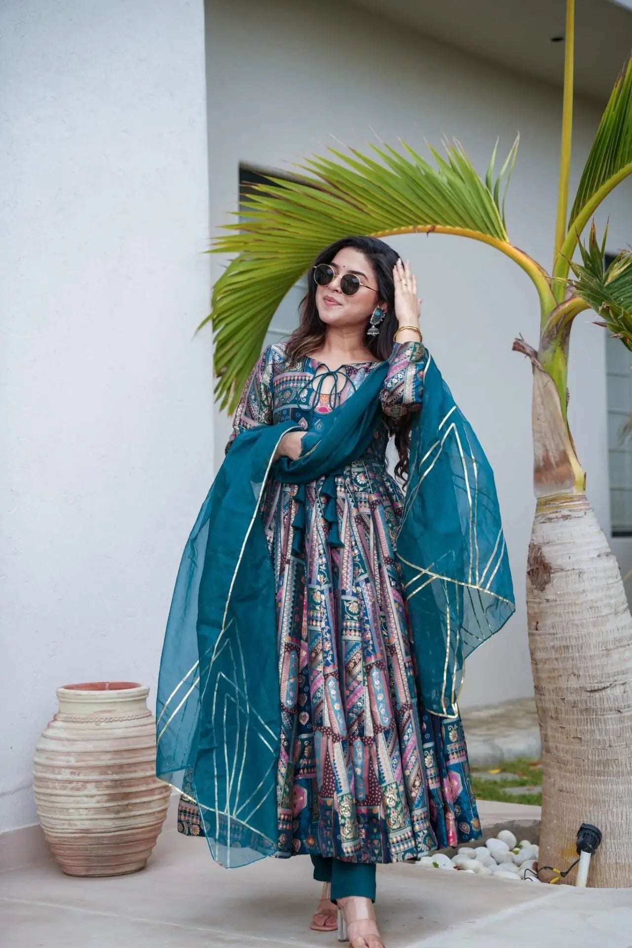 Blue Color Multi Design Anarkali Suit For Women
