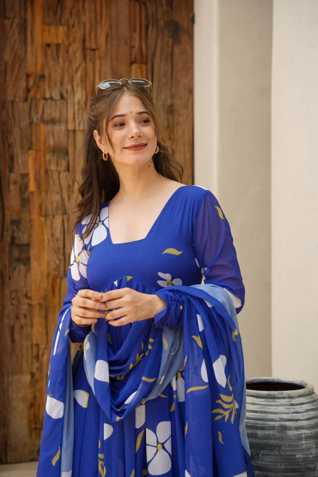 Blue floral georgette Anarkali suit For Women