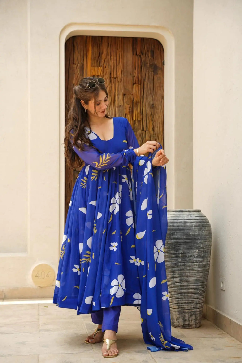 Blue floral georgette Anarkali suit For Women