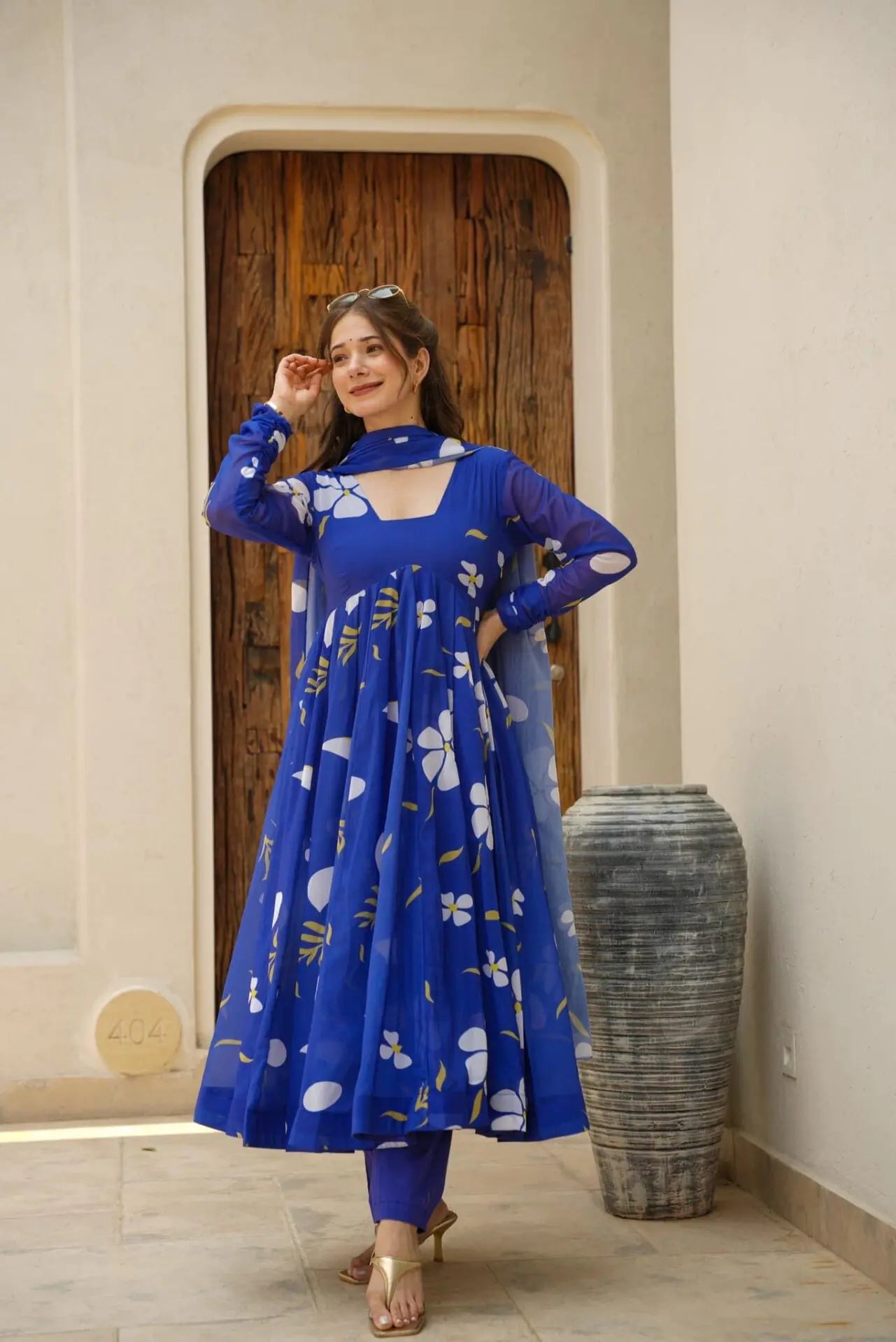 Blue floral georgette Anarkali suit For Women