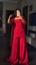Pakistani Style Red Embroidered Crepe Silk Farshi Suit Set with Dupatta For Women