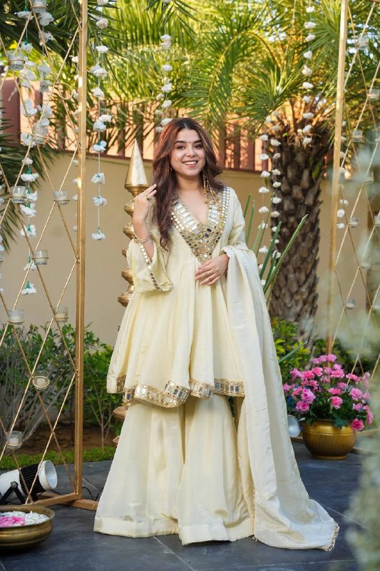 Ivory Mirror Work Anarkali Palazzo Set with Dupatta for Women | Festive & Wedding Wear