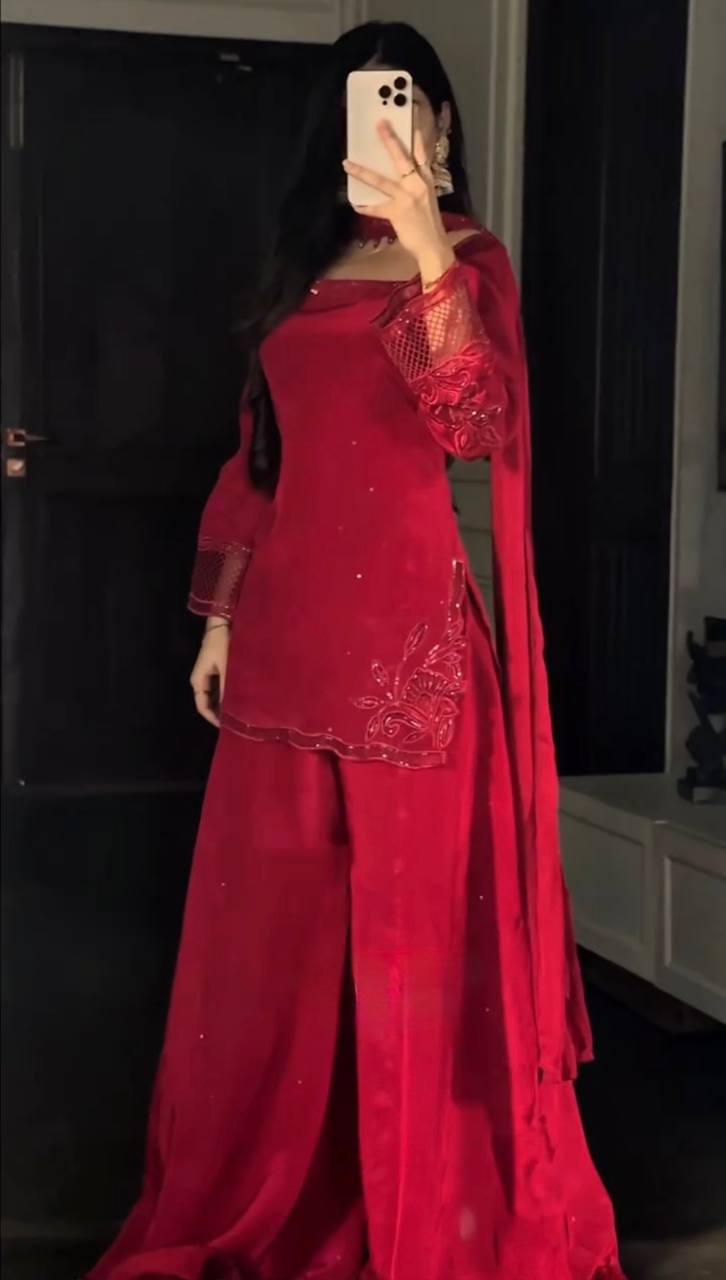 Pakistani Style Red Embroidered Crepe Silk Farshi Suit Set with Dupatta For Women