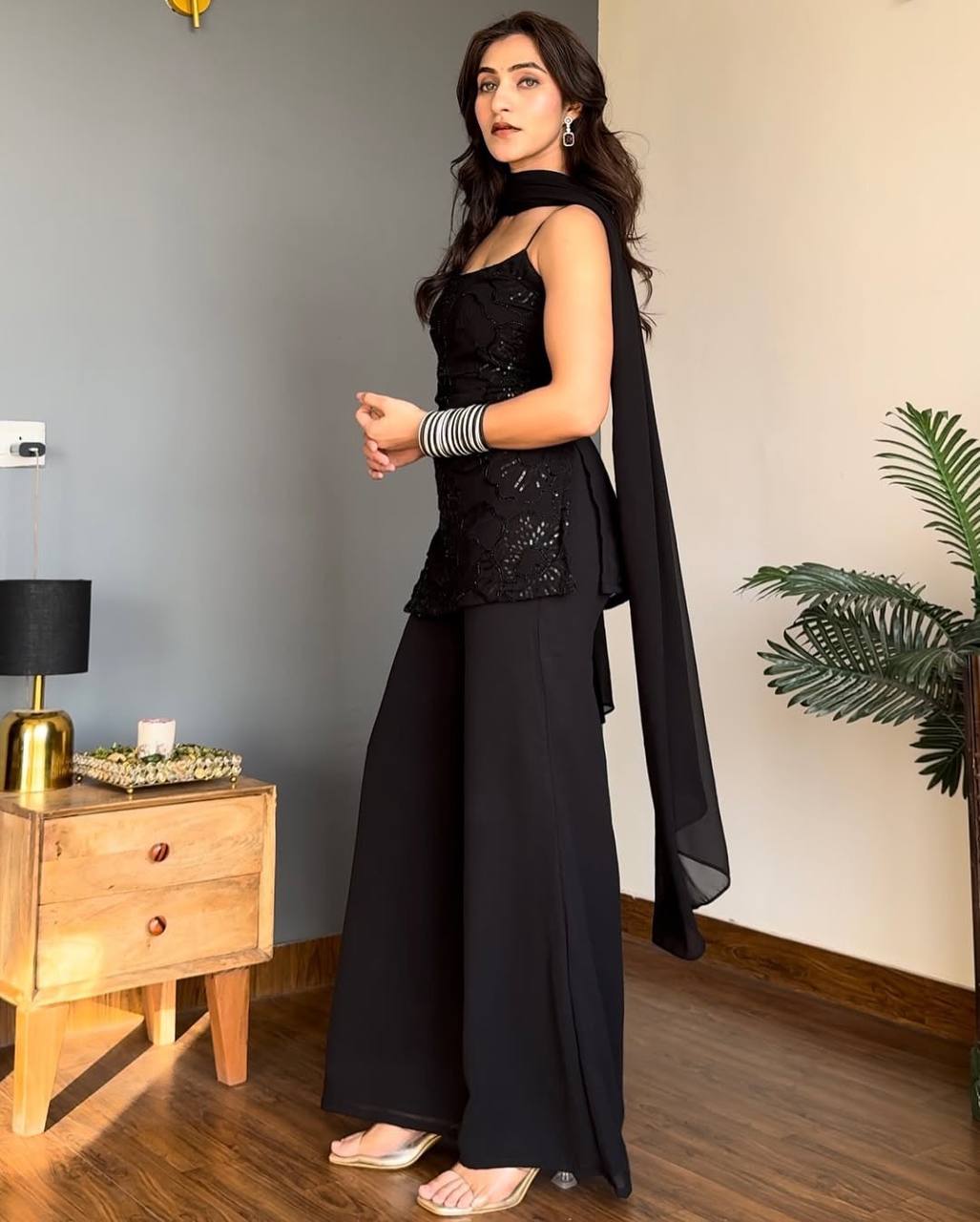 Party Wear Classic Black Cosmos Kurta Palazzo Set with Dupatta