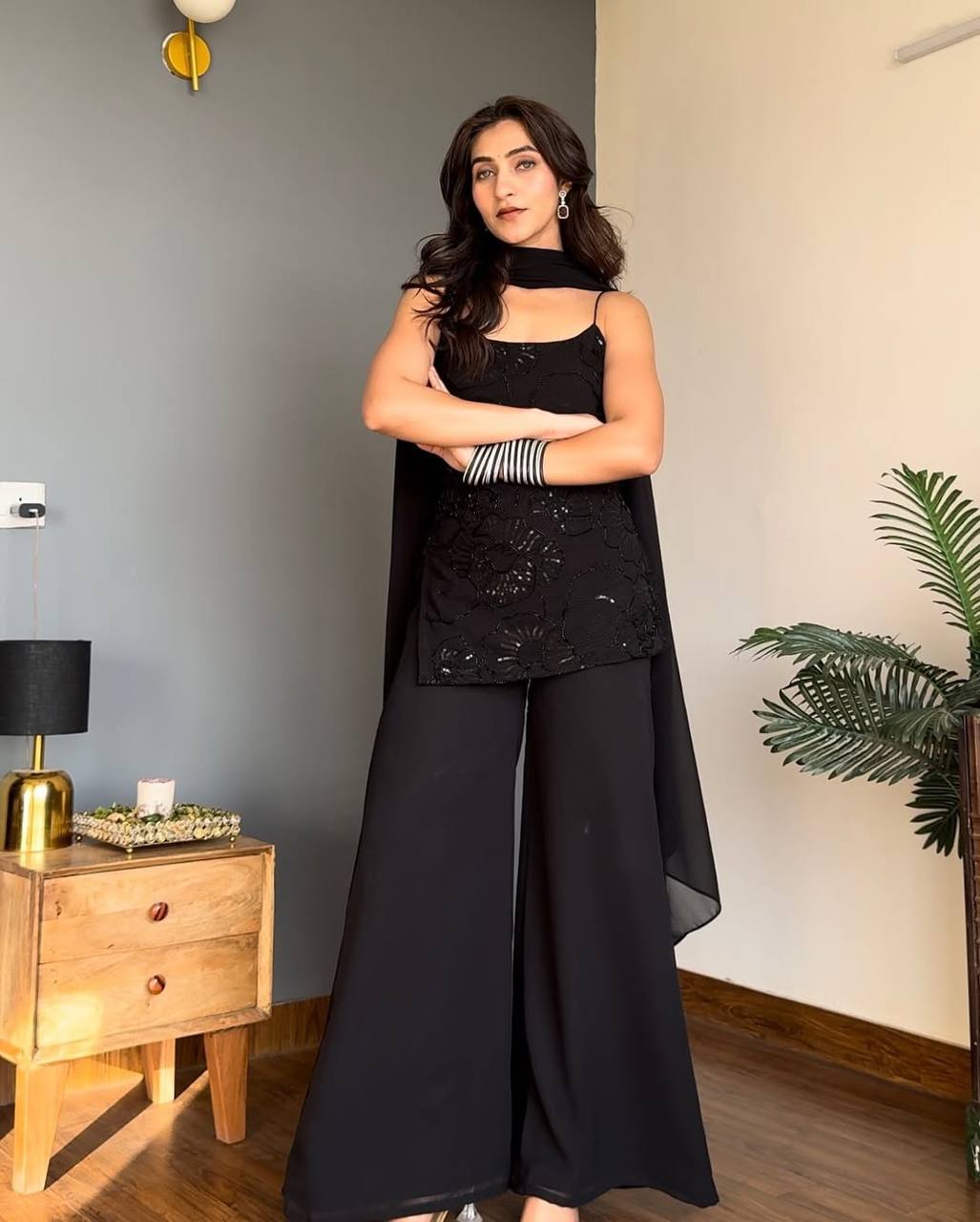 Party Wear Classic Black Cosmos Kurta Palazzo Set with Dupatta