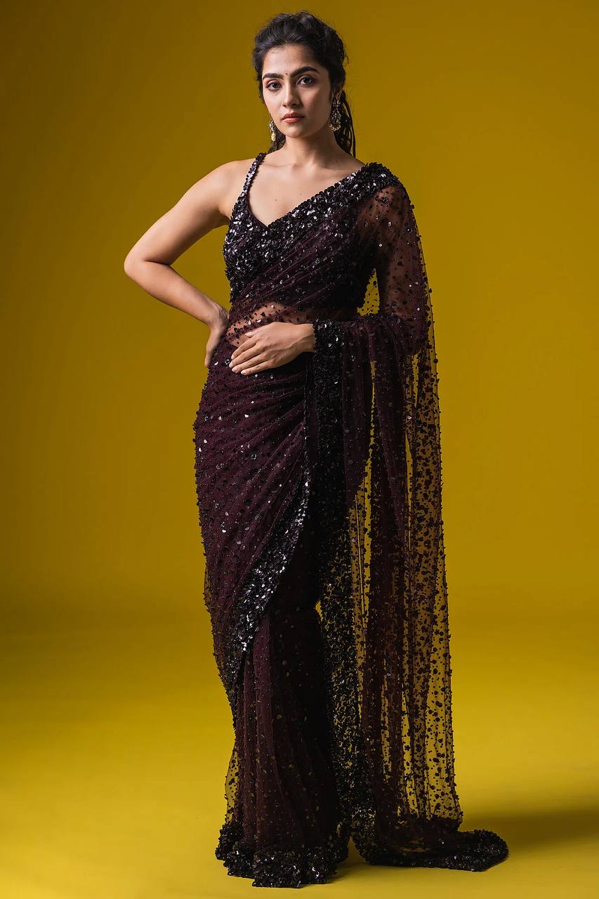 Party Wear Midnight Wine Sequin Net Saree with Blouse | Luxury Party Wear Saree for Women