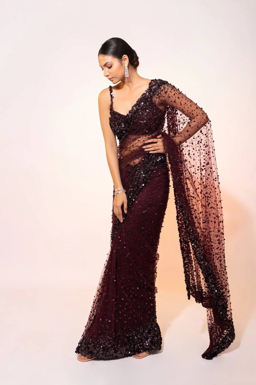 Party Wear Midnight Wine Sequin Net Saree with Blouse | Luxury Party Wear Saree for Women