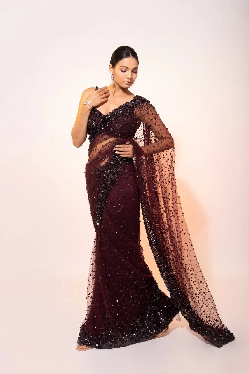 Party Wear Midnight Wine Sequin Net Saree with Blouse | Luxury Party Wear Saree for Women