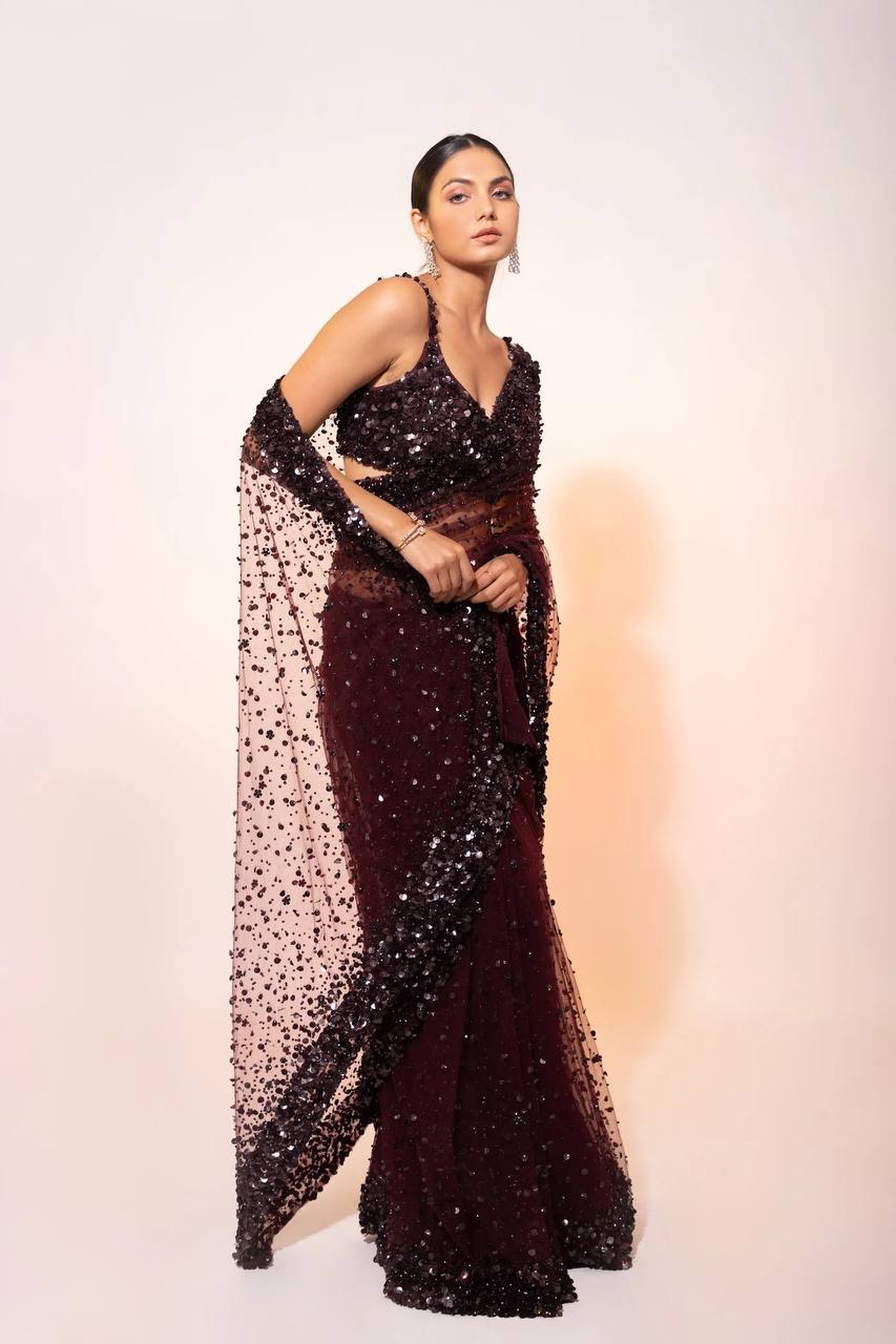 Party Wear Midnight Wine Sequin Net Saree with Blouse | Luxury Party Wear Saree for Women