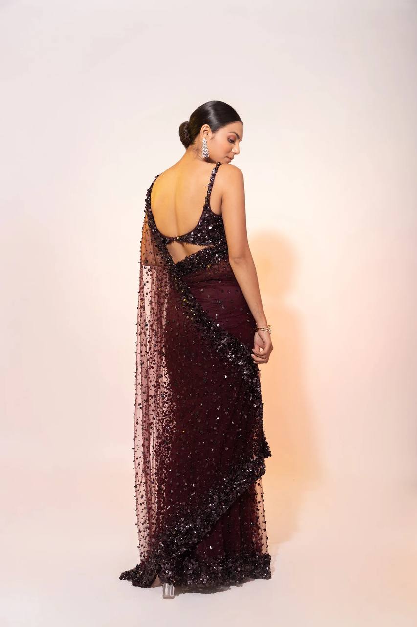Party Wear Midnight Wine Sequin Net Saree with Blouse | Luxury Party Wear Saree for Women