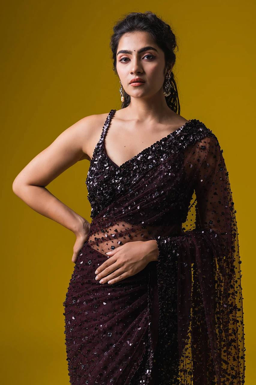 Party Wear Midnight Wine Sequin Net Saree with Blouse | Luxury Party Wear Saree for Women