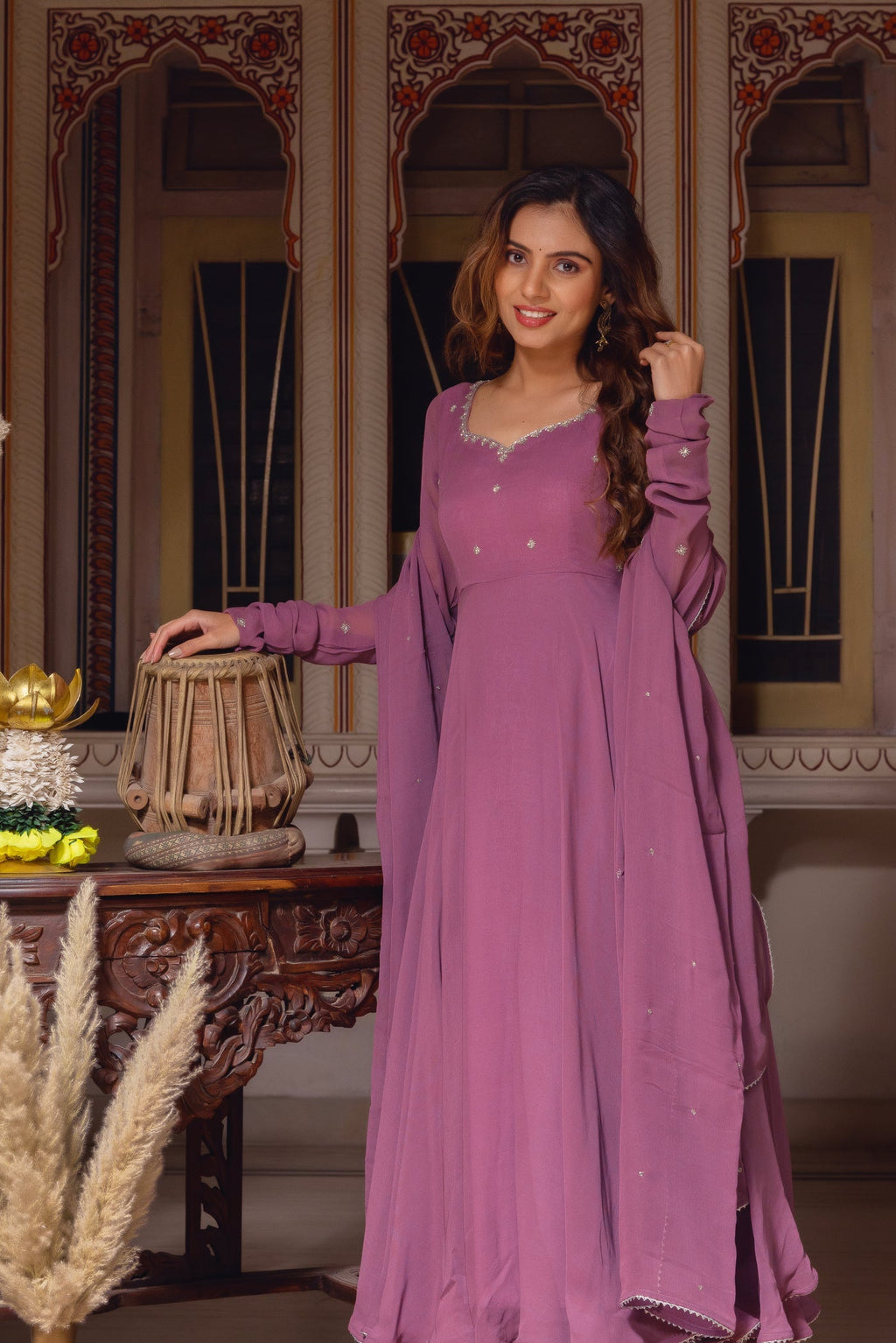 Dusty Pink Color Georgette Base Embroidery Work On Neck Anarkali Suit For Women