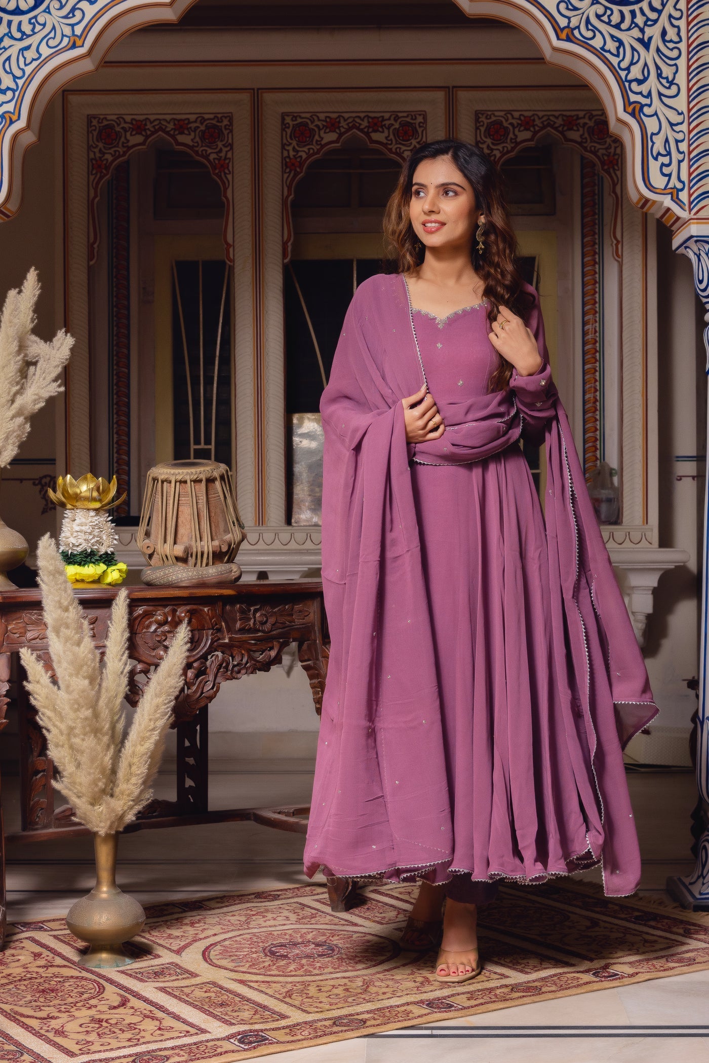 Dusty Pink Color Georgette Base Embroidery Work On Neck Anarkali Suit For Women