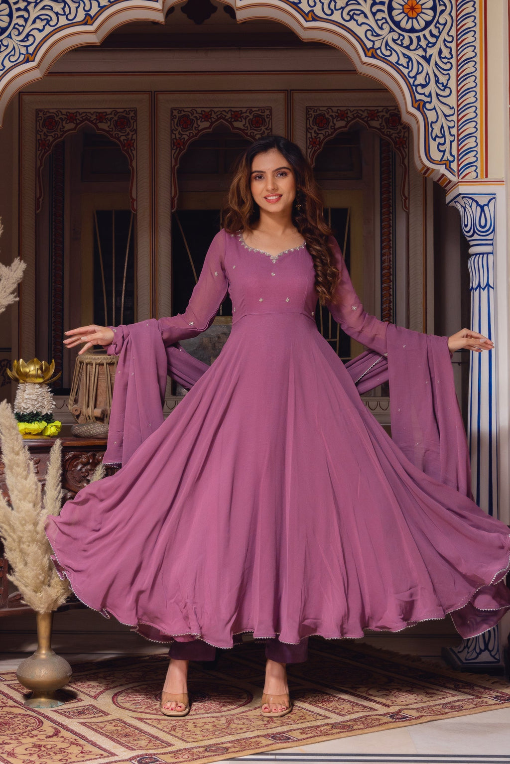 Dusty Pink Color Georgette Base Embroidery Work On Neck Anarkali Suit For Women