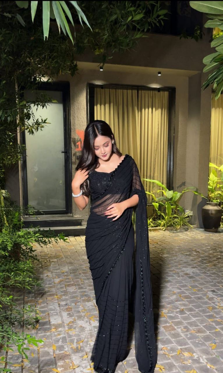 Party Wear Divine Black Sequence & Beadwork Festive Georgette Saree | Party Wear Saree For Women