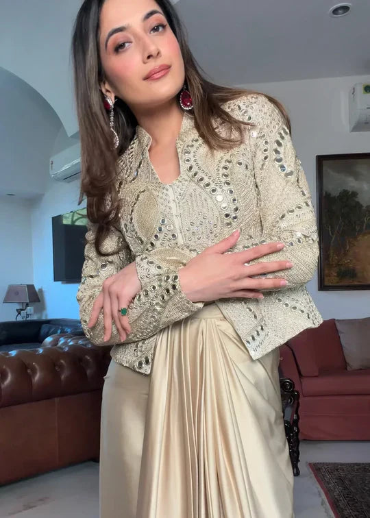 Malai Satin Mirror Work Indo Western Party Wear