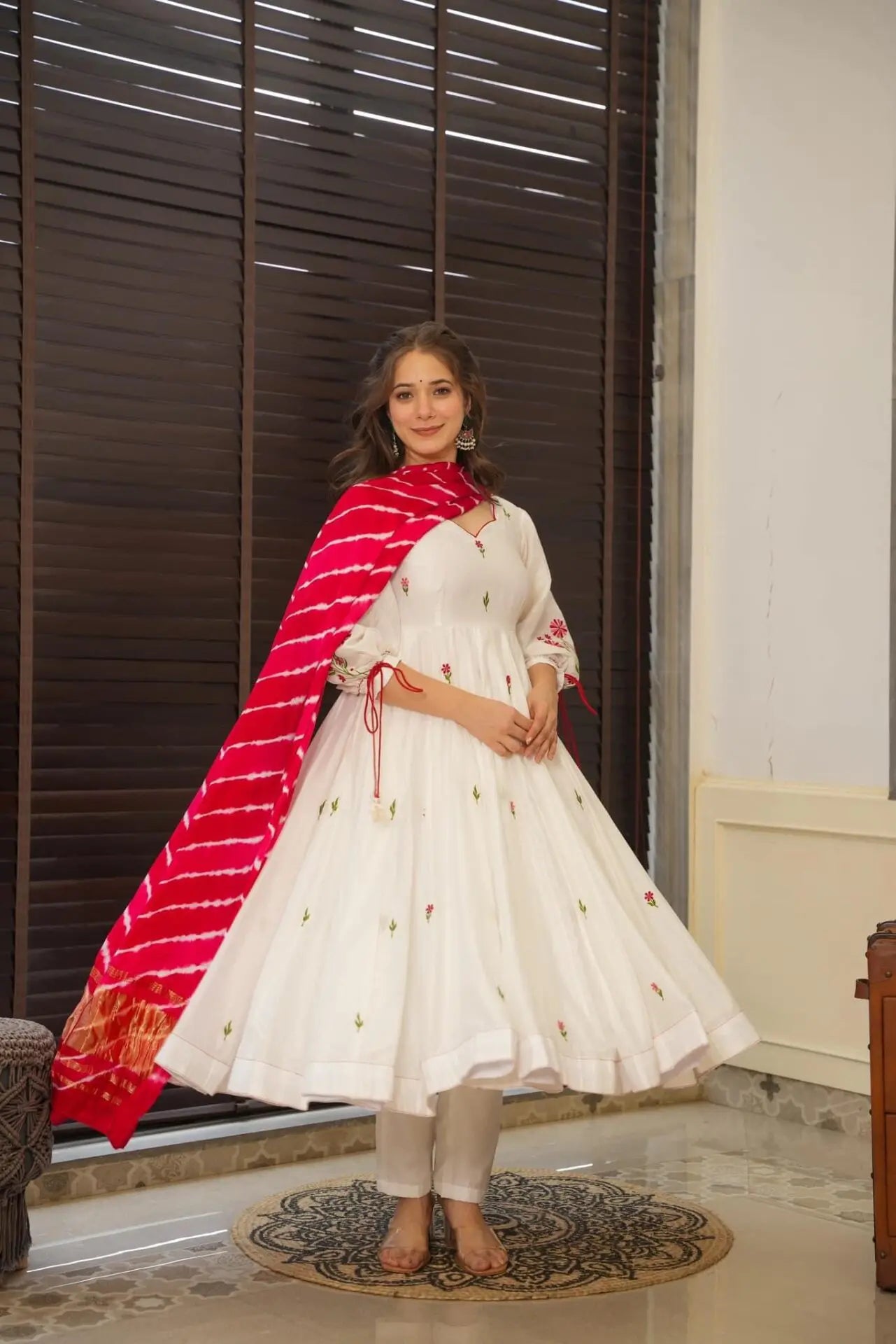 Engagement Wear White Color Embroidery Work Butta Georgette With Huge Flair Anarkali Suit For Women