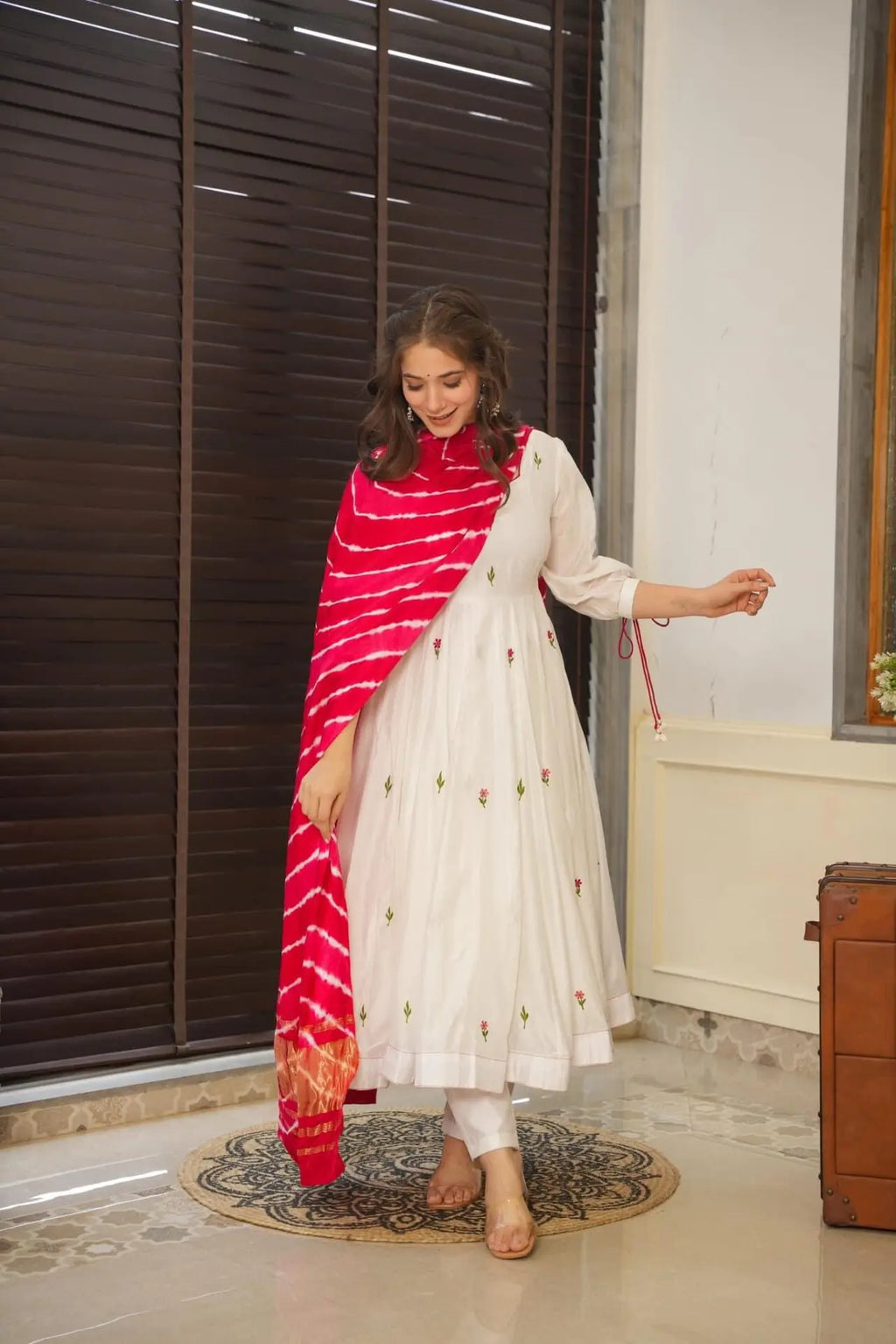 Engagement Wear White Color Embroidery Work Butta Georgette With Huge Flair Anarkali Suit For Women