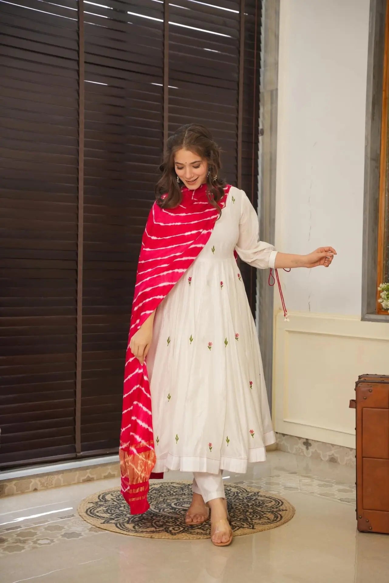 Engagement Wear White Color Embroidery Work Butta Georgette With Huge Flair Anarkali Suit For Women