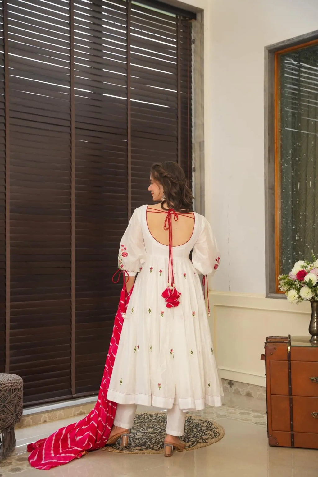 Engagement Wear White Color Embroidery Work Butta Georgette With Huge Flair Anarkali Suit For Women