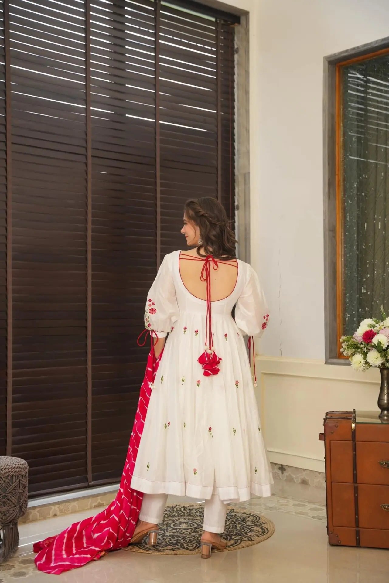 Engagement Wear White Color Embroidery Work Butta Georgette With Huge Flair Anarkali Suit For Women