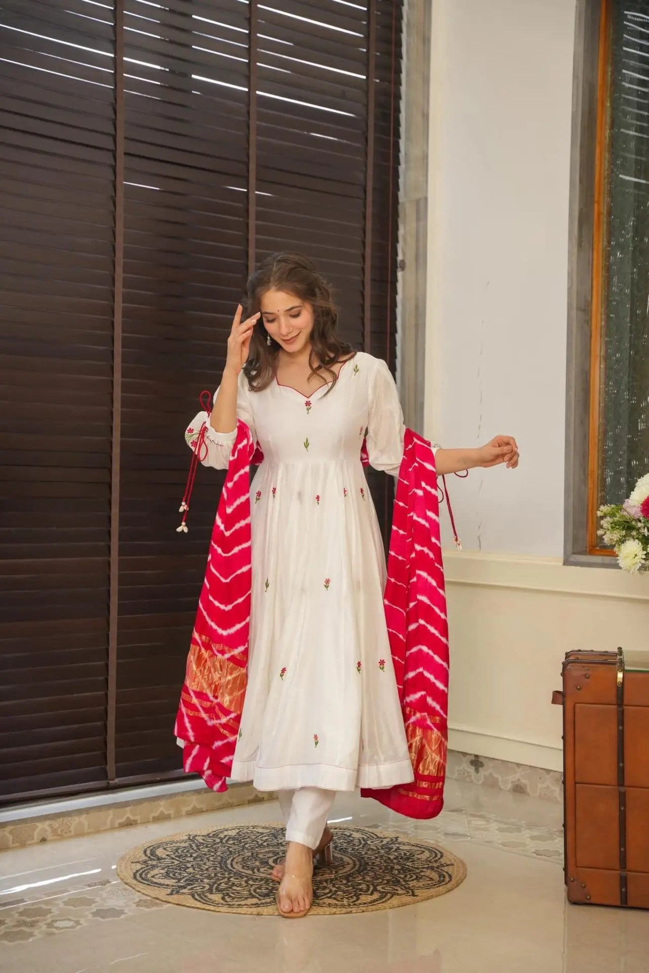 Engagement Wear White Color Embroidery Work Butta Georgette With Huge Flair Anarkali Suit For Women