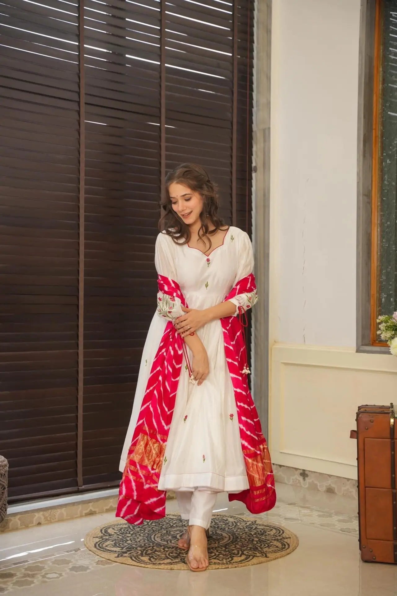 Engagement Wear White Color Embroidery Work Butta Georgette With Huge Flair Anarkali Suit For Women
