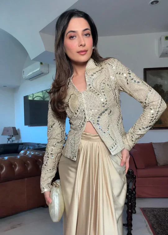 Malai Satin Mirror Work Indo Western Party Wear