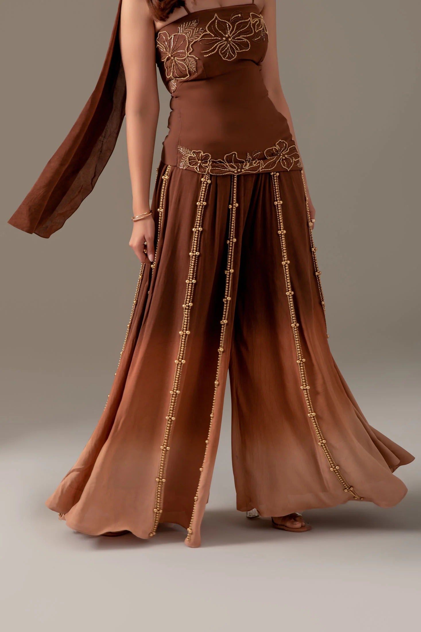 Brown Party Wear Palazzo Sharara Suit Set with Dupatta for Women | Perfect for Wedding & Sangeet Outfit