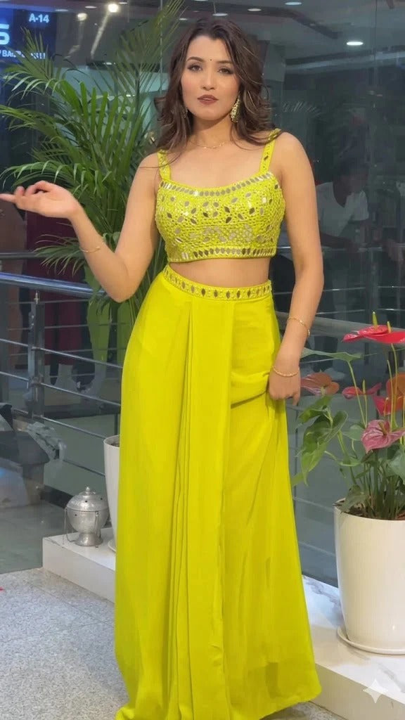 Lime Green Mirror Work French Crepe Indo Western Skirt Set With Shrug For Wedding & Party Wear