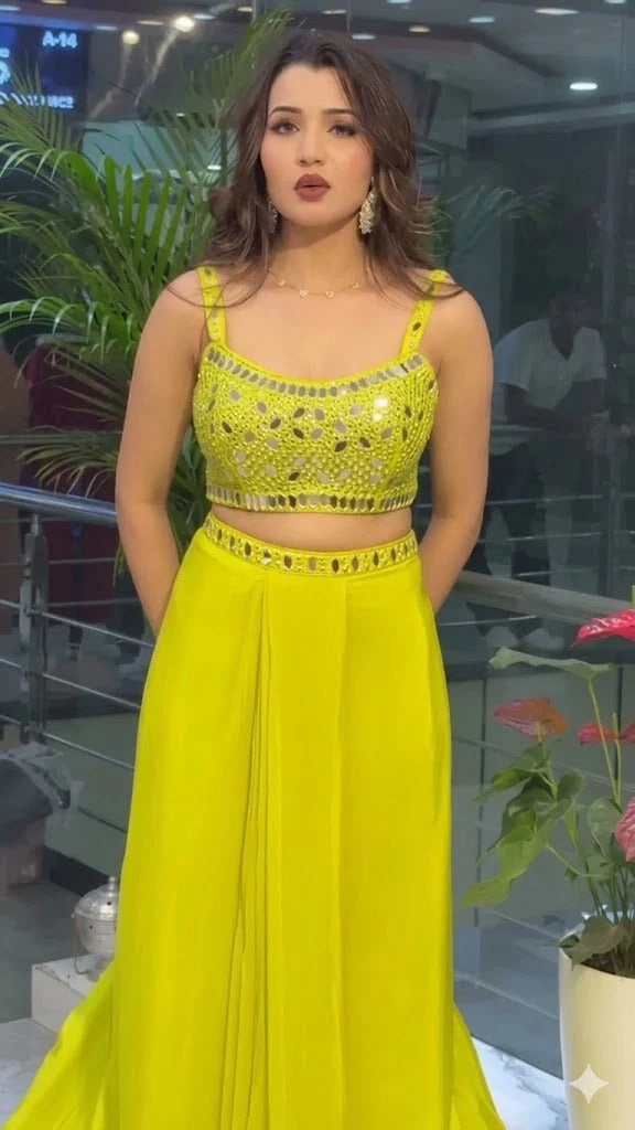 Lime Green Mirror Work French Crepe Indo Western Skirt Set With Shrug For Wedding & Party Wear