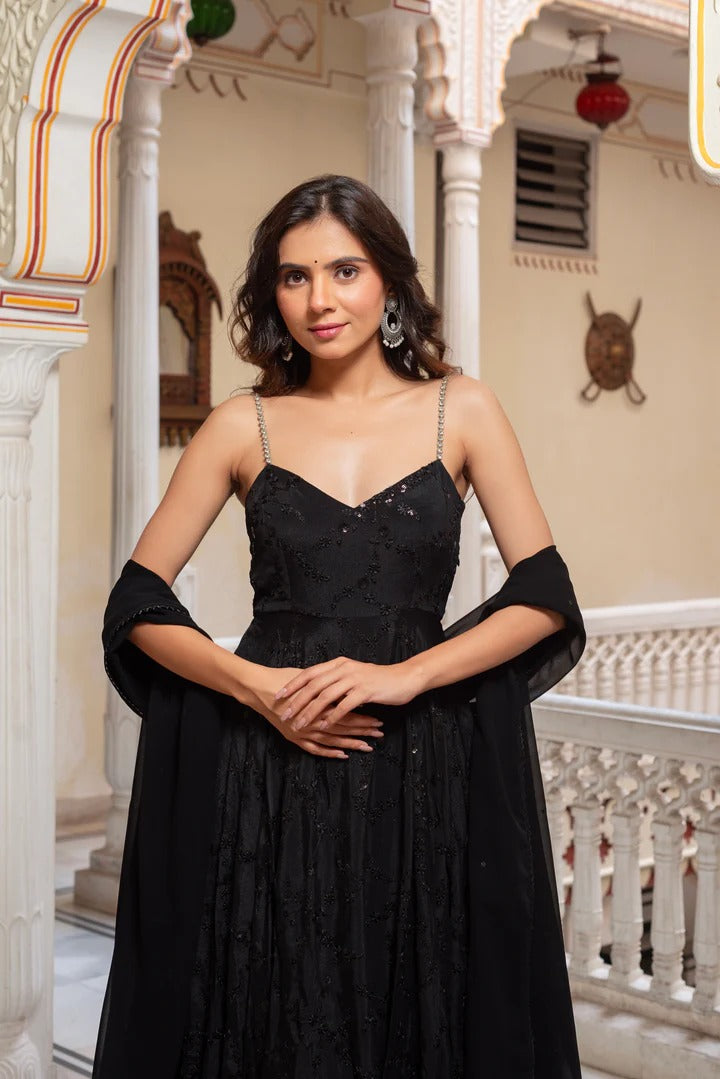 Black Georgette Anarkali Suit Set with Dupatta for Women | Sequin Embroidery Party Wear Ethnic Dress