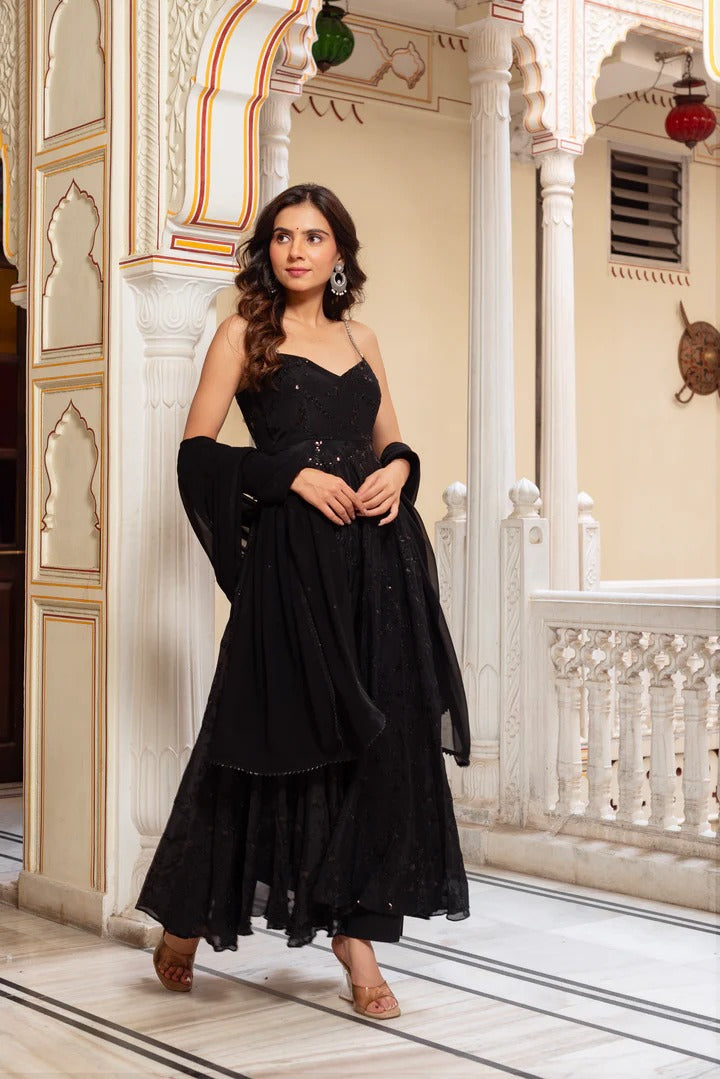 Black Georgette Anarkali Suit Set with Dupatta for Women | Sequin Embroidery Party Wear Ethnic Dress
