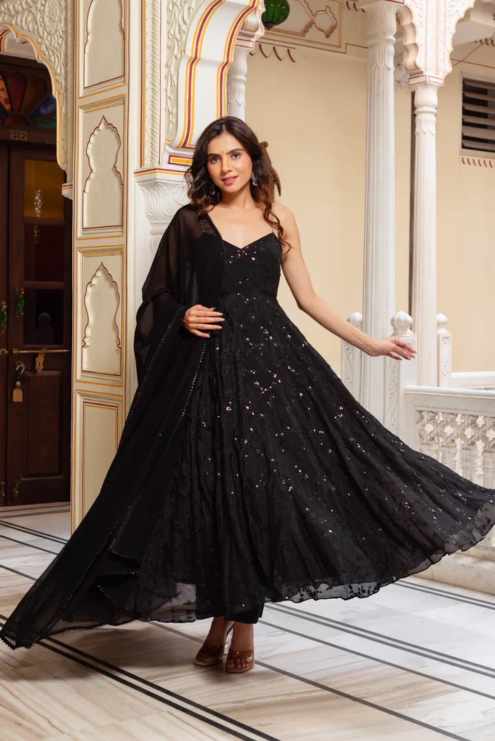 Black Georgette Anarkali Suit Set with Dupatta for Women | Sequin Embroidery Party Wear Ethnic Dress