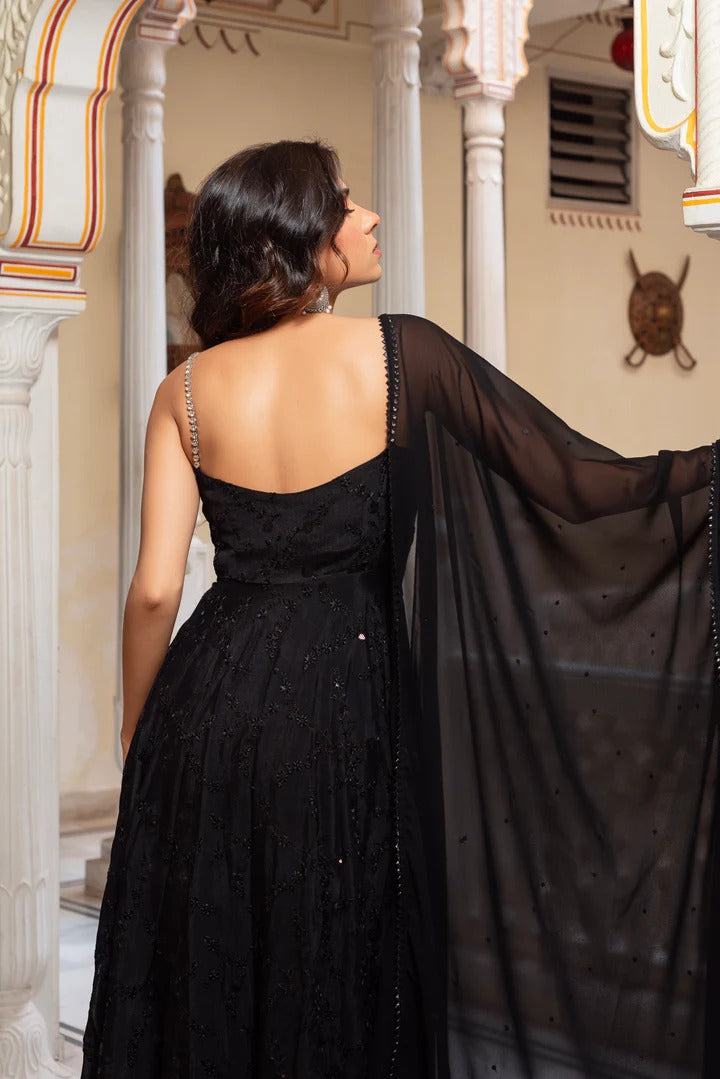 Black Georgette Anarkali Suit Set with Dupatta for Women | Sequin Embroidery Party Wear Ethnic Dress