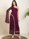 Modern Party & Festive Wear Maroon One-Shoulder Printed Kurti Palazzo Set for Women