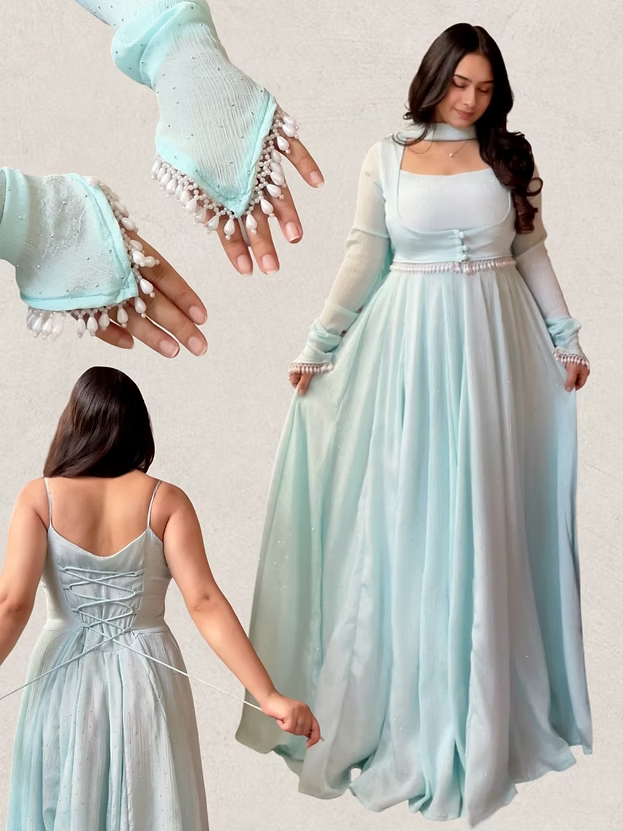 Blue Anarkali Gown Set with Pant, Jacket & Dupatta – Designer Chinon Party Wear Outfit for Women | Farewell, Reception & Wedding Wear 2026