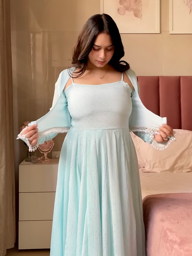 Blue Anarkali Gown Set with Pant, Jacket & Dupatta – Designer Chinon Party Wear Outfit for Women | Farewell, Reception & Wedding Wear 2026