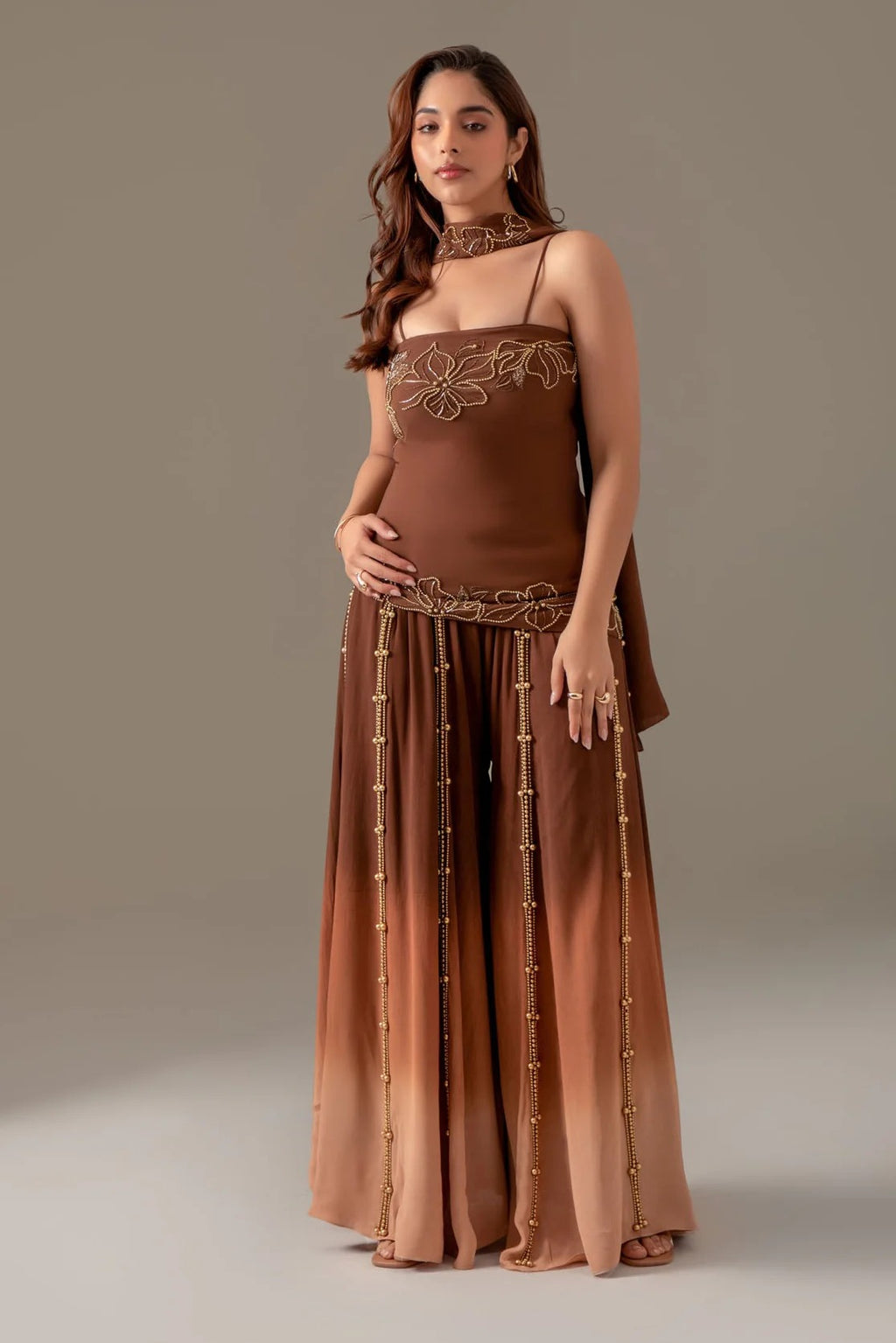 Brown Party Wear Palazzo Sharara Suit Set with Dupatta for Women | Perfect for Wedding & Sangeet Outfit