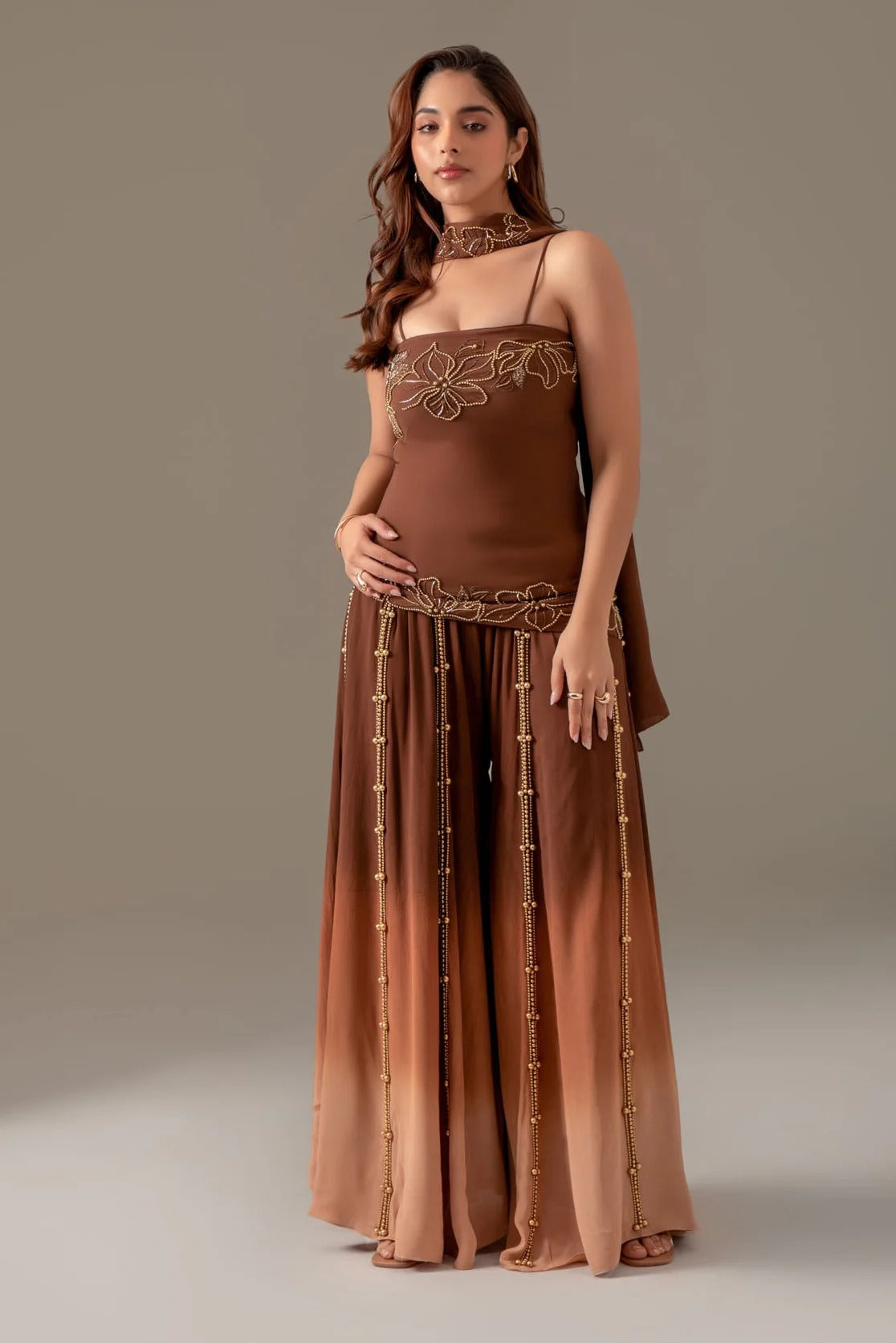 Brown Party Wear Palazzo Sharara Suit Set with Dupatta for Women | Perfect for Wedding & Sangeet Outfit